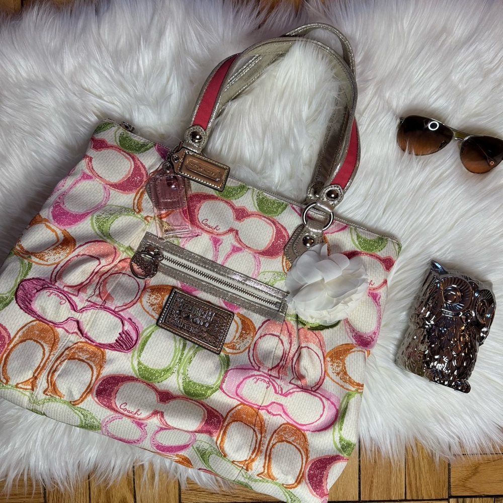 COACH Poppy Colorful Monogram Flower Pin Shoulder Tote Purse